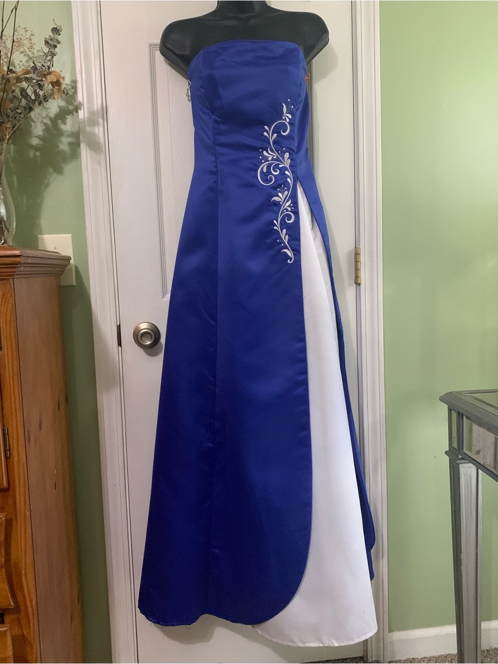 Vintage Prom Dress Maxi Strapless Gown Regency 90s Y2K Princess Blue White Split